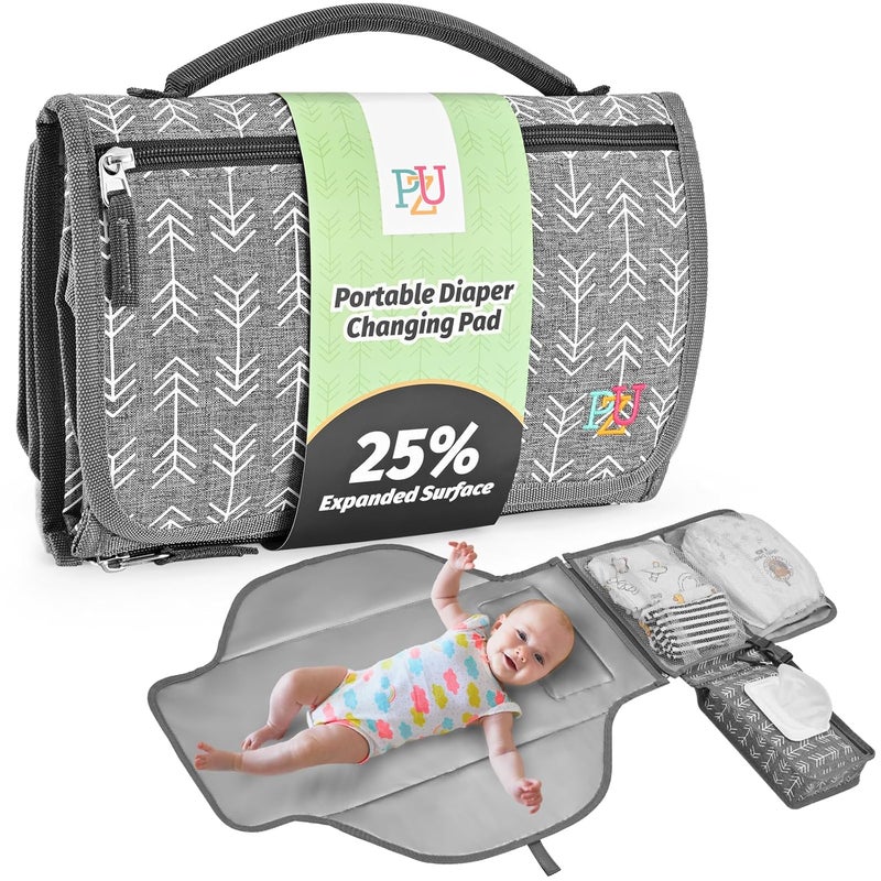 PZU Portable Diaper Changing Pad - Changing Pad Portable with Wipes Pocket, Waterproof Diaper Changing Mat, Portable Changing Pad for Baby, Newborn Gift (Grey Arrows) - Image 1